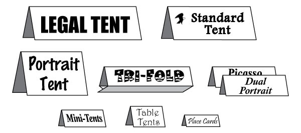 Illustration of different tabletop display tent styles including legal tent, standard tent, portrait tent, tri-fold, Picasso dual portrait, mini tents, table tents, and place cards.